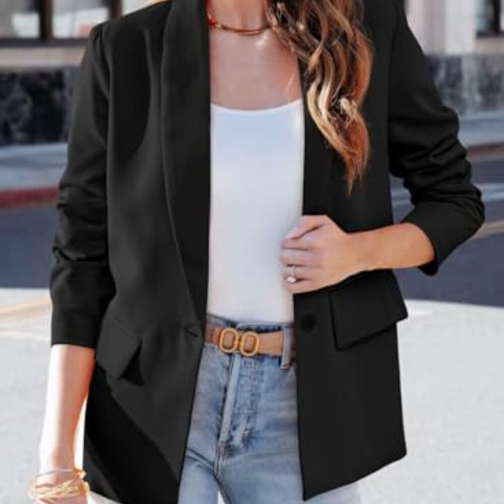 Long Sleeve Open Front Blazer Slim Fit Business Casual Office Jacket - Picture 3 of 8